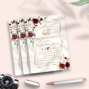 Invitation Bourgogne Blush Flowers Gold Marble 40e anniversai