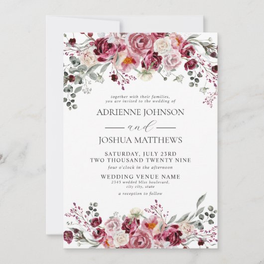 Invitation Bourgogne & Blush Peony Rose Mariage Floral (Devant)