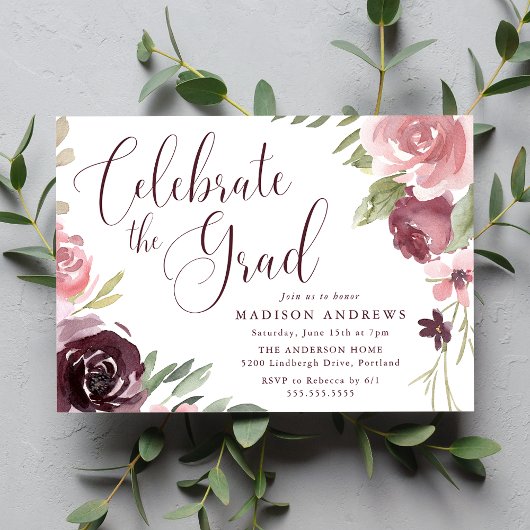 Invitation Bourgogne & Blush Pink Floral Graduation Party