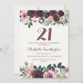 Invitation Bourgogne Blush rose Feuilles floraux 21e annivers (Devant)