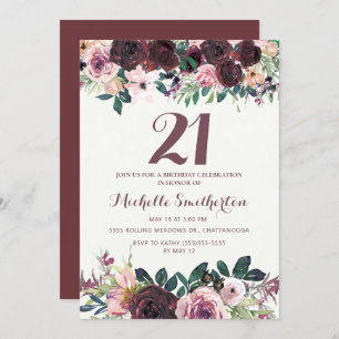 Invitation Bourgogne Blush rose Feuilles floraux 21e annivers