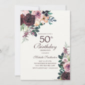 Invitation Bourgogne Blush rose Feuilles floraux 50e annivers (Devant)