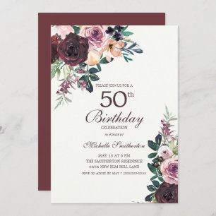 Invitation Bourgogne Blush rose Feuilles floraux 50e annivers