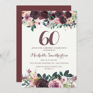 Invitation Bourgogne Blush rose Feuilles floraux 60e annivers