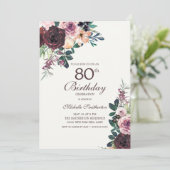 Invitation Bourgogne Blush rose Feuilles floraux 80e annivers (Debout devant)