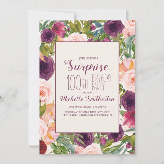 Invitation Bourgogne Blush rose Floral 100e anniversaire (Devant)
