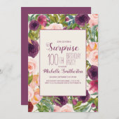 Invitation Bourgogne Blush rose Floral 100e anniversaire (Devant / Derrière)