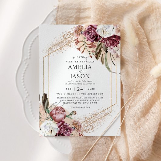 Invitation Bourgogne, Blush & Rose Gold Elegant Boho Invitati