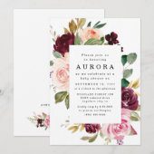 Invitation Bourgogne Blush Rose or Floral Baby shower Boho (Devant / Derrière)