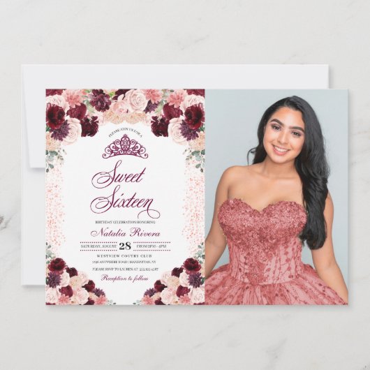 Invitation Bourgogne Blush rose Sweet sixteen Floral Annivers (Devant)