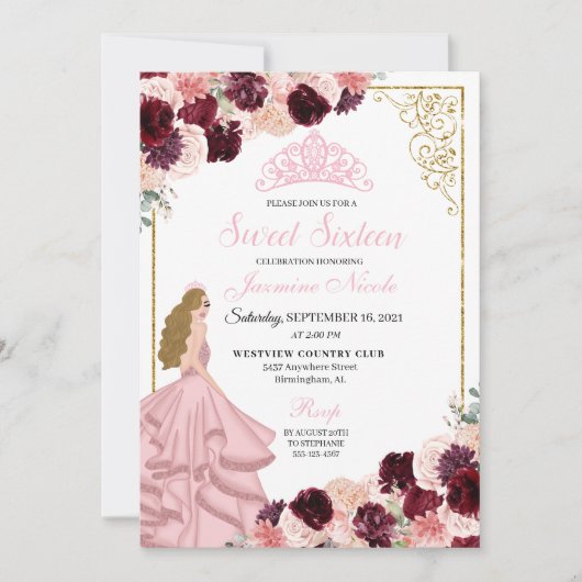 Invitation Bourgogne Blush rose Sweet sixteen Floral Annivers (Devant)