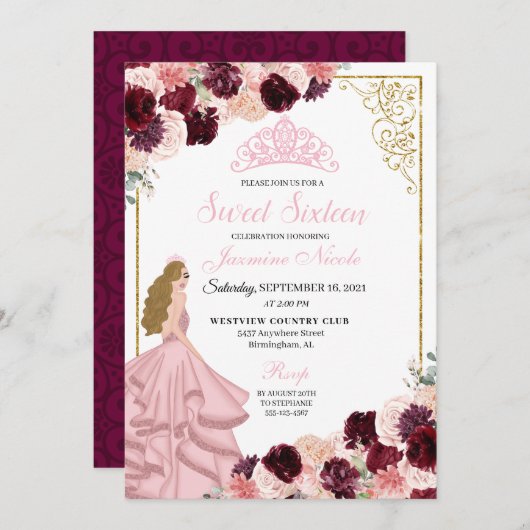 Invitation Bourgogne Blush rose Sweet sixteen Floral Annivers (Devant / Derrière)