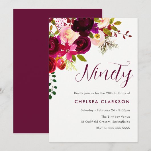 Invitation Bourgogne Boho Floral 90e Ninetieth Anniversaire (Devant / Derrière)