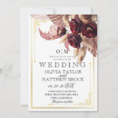 Invitation Bourgogne Boho Floral roses rouges pampas Mariage (Devant)