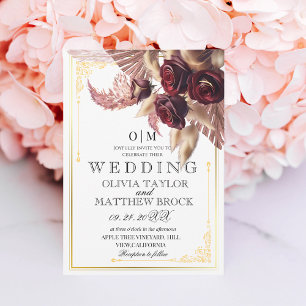 Invitation Bourgogne Boho Floral roses rouges pampas Mariage