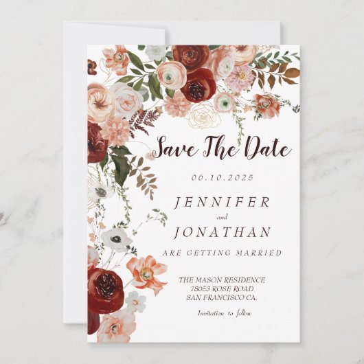 Invitation Bourgogne Boho Gold Floral Enregistrer les dates (Devant)
