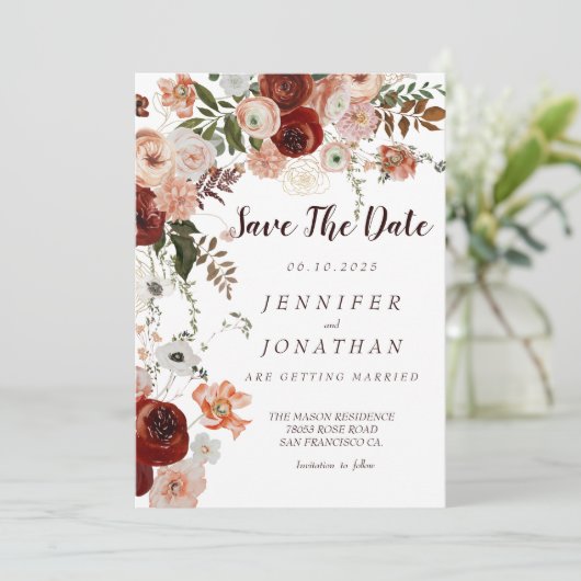 Invitation Bourgogne Boho Gold Floral Enregistrer les dates (Debout devant)