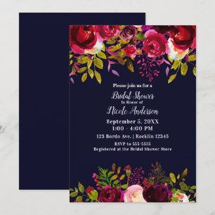 Invitation Bourgogne Bordeaux Bleu Floral Fête de Mariage d'A