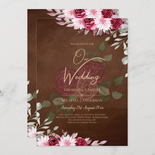 Invitation Bourgogne Brown Floral Winter Mariage de automne I (Devant / Derrière)