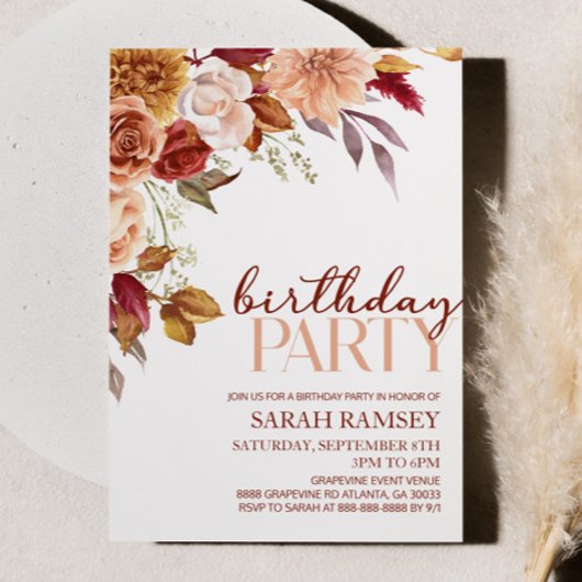 Invitation Bourgogne Brown Orange Floral Fleur Anniversaire