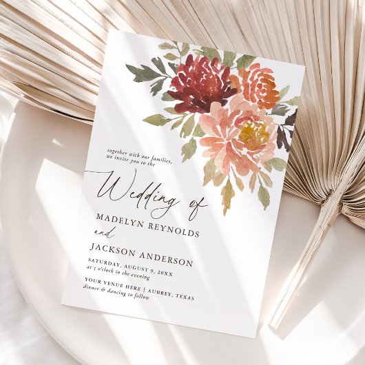 Invitation Bourgogne brûlé Orange Chute Mariage Floral