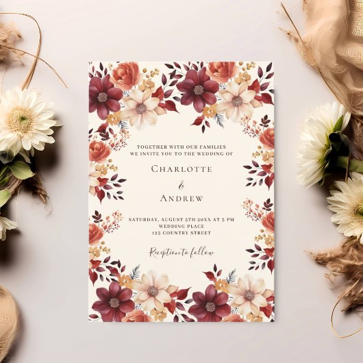 Invitation Bourgogne brûlé orange mariage floral