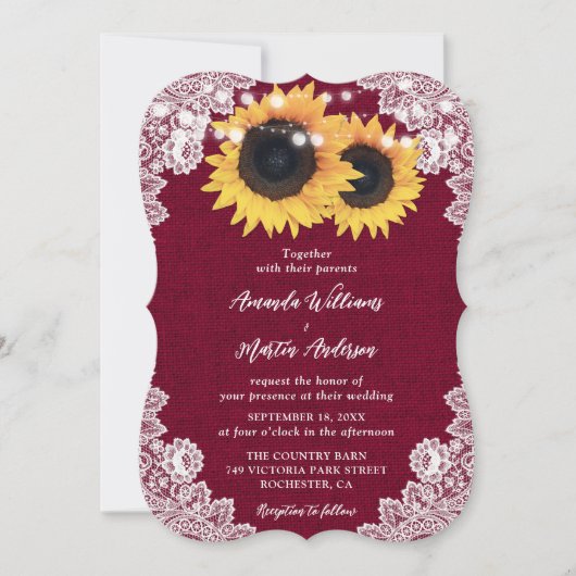 Invitation Bourgogne Burlap Floral dentelle Mariage de tourne (Devant)
