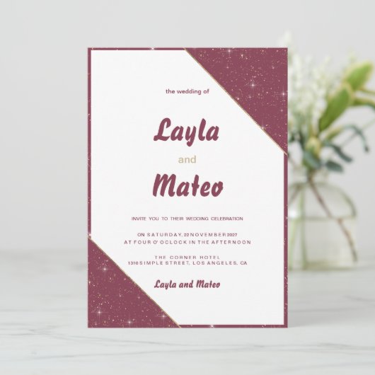 Invitation Bourgogne coeur or pétillant parties scintillant M (Debout devant)