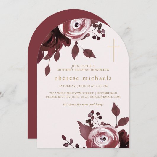 Invitation Bourgogne Croix Florale Chrétienne Mère de la béné (Devant / Derrière)
