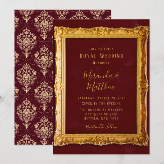 Invitation Bourgogne de luxe et Mariage royal d'or (Devant / Derrière)