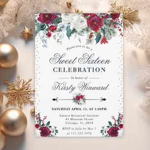Invitation Bourgogne d'hiver & Floral Blanc Sweet Sixteen