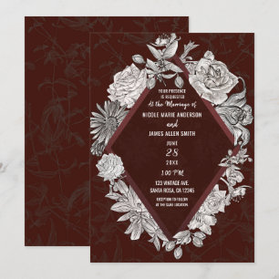 Invitation Bourgogne Diamant Fleurs Vintage Mariage