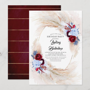 Invitation Bourgogne Dusty Blue Pampas Grass fête d'anniversa