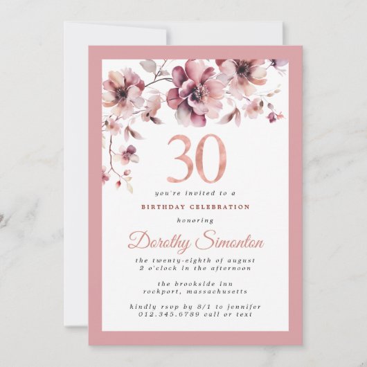 Invitation Bourgogne Dusty Blush rose floral 30e anniversaire (Devant)