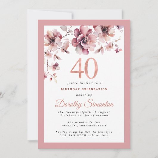 Invitation Bourgogne Dusty Blush rose floral 40e anniversaire (Devant)