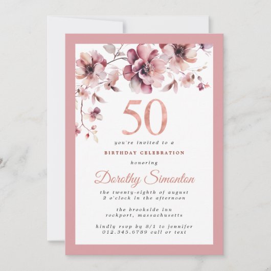 Invitation Bourgogne Dusty Blush rose floral 50e anniversaire (Devant)