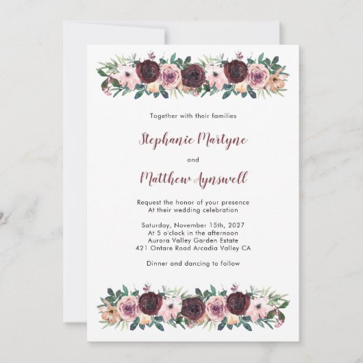 Invitation Bourgogne Dusty Rose Aquarelle Mariage Floral (Devant)
