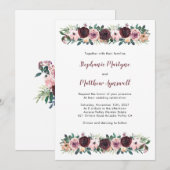 Invitation Bourgogne Dusty Rose Aquarelle Mariage Floral (Devant / Derrière)