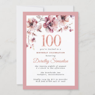 Invitation Bourgogne Dusty Rose Floral 100e anniversaire