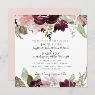 Invitation Bourgogne Dusty Rose Floral Élégant Mariage de feu