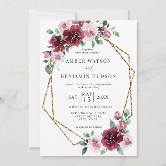 Invitation Bourgogne Dusty Rose Gold Foil Mariage Floral (Devant)