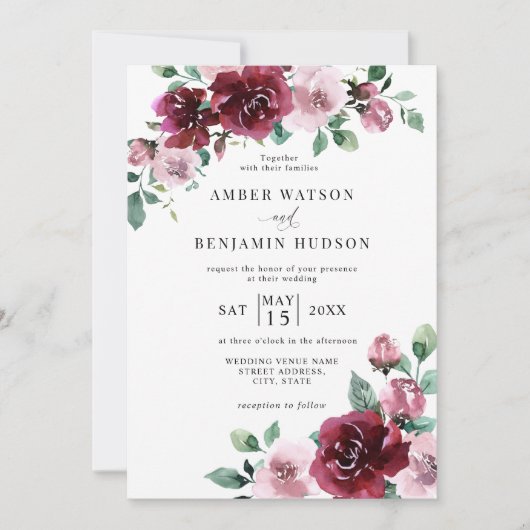 Invitation Bourgogne & Dusty Rose rose floral marron Mariage (Devant)