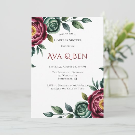 Invitation Bourgogne & Emerald Peony Couples d'hiver Douche (Debout devant)