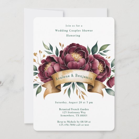 Invitation Bourgogne & Emerald Peony Mariage Couples Douche (Devant)