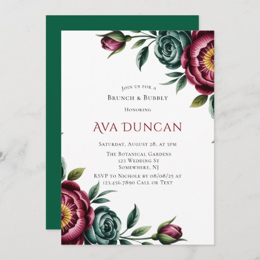 Invitation Bourgogne & Emerald Peony Winter Brunch & Bubbly (Devant / Derrière)