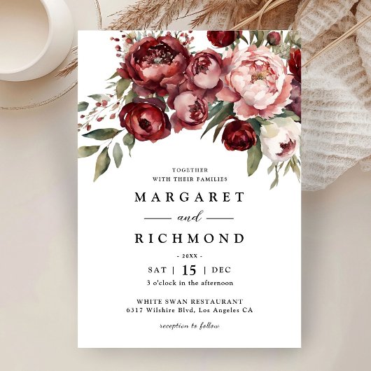 Invitation Bourgogne et bleu Aquarelle Floral Rustique Mariag
