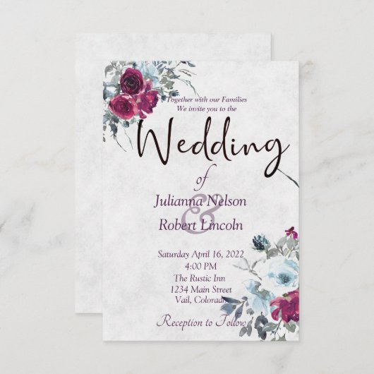 Invitation Bourgogne et bleu aquarelle mariage floral invita (Devant / Derrière)
