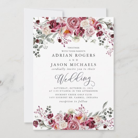 Invitation Bourgogne et bleu Aquarelle Peony Rose Mariage (Devant)