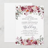 Invitation Bourgogne et bleu Aquarelle Peony Rose Mariage (Devant / Derrière)