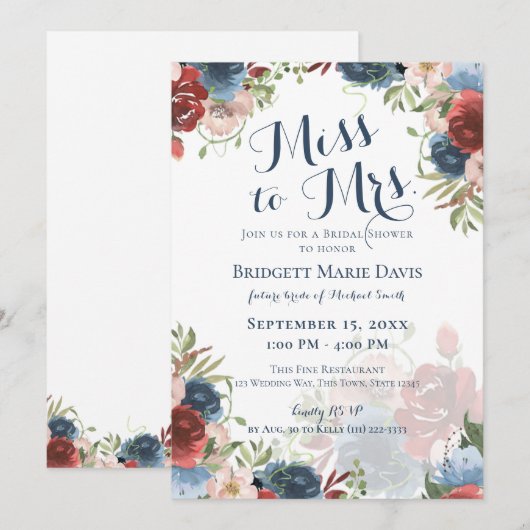 Invitation Bourgogne et bleu Floral Miss à Mme Bridal Showe (Devant / Derrière)